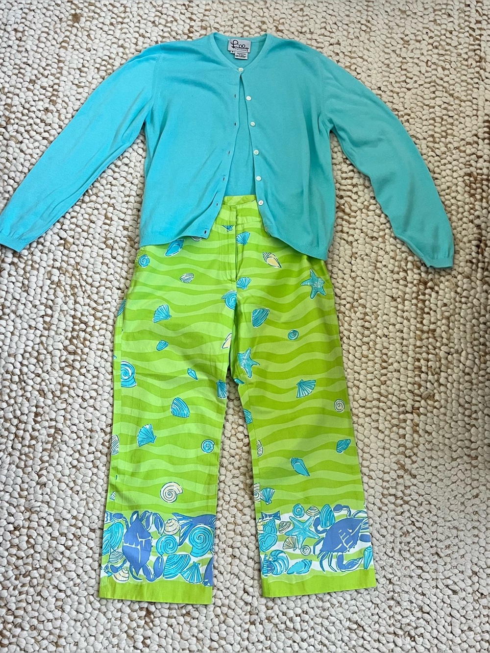 Vintage Lilly Pulitzer bright green & blue sea theme sweater and pants set.